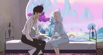 Movie still from “The Congress” (2013), directed by Ari Folman – A man and a woman sitting next to each other in front of a window; Wide shot, Over the shoulder angle