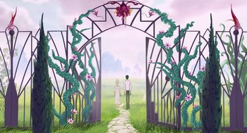Movie still from “The Congress” (2013), directed by Ari Folman – A painting of a man and a woman standing in front of an arbor; Extreme Wide shot, High angle