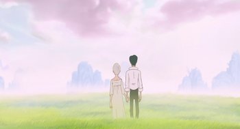 Movie still from “The Congress” (2013), directed by Ari Folman – Two people are holding hands in a grassy field; Wide shot, Low angle