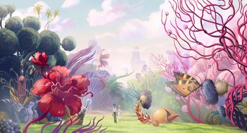 Movie still from “The Congress” (2013), directed by Ari Folman – An illustration of a man standing next to a coral reef; Extreme Wide shot, High angle