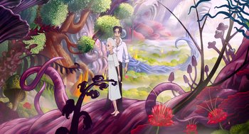 Movie still from “The Congress” (2013), directed by Ari Folman – A man and a woman standing next to each other in front of trees; Wide shot, Overhead angle