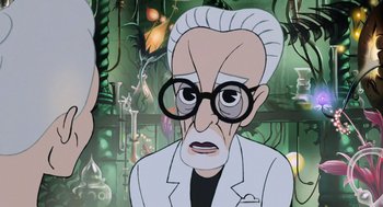 Movie still from “The Congress” (2013), directed by Ari Folman – An old man in a white lab coat and glasses; Close Up shot, Over the shoulder angle