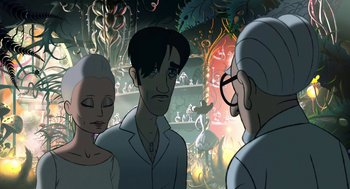 Movie still from “The Congress” (2013), directed by Ari Folman – A group of people standing next to each other in a room; Close Up shot, Over the shoulder angle