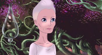 Movie still from “The Congress” (2013), directed by Ari Folman – An illustration of an older woman in a white shirt; Close Up shot, High angle