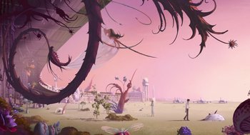 Movie still from “The Congress” (2013), directed by Ari Folman – An artistic painting of people in the desert; Extreme Wide shot, High angle