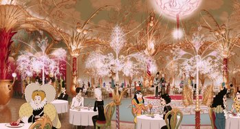 Movie still from “The Congress” (2013), directed by Ari Folman – An illustration of people sitting at tables in a fancy restaurant; Extreme Wide shot, High angle