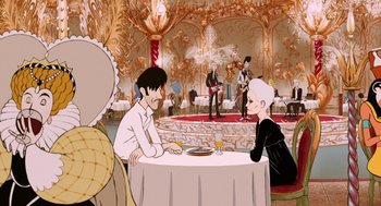 Movie still from “The Congress” (2013), directed by Ari Folman – Two people sitting at a table in front of a stage; Wide shot, Over the shoulder angle