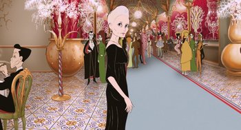 Movie still from “The Congress” (2013), directed by Ari Folman – An illustration of a woman standing in front of a group of people; Medium shot, High angle