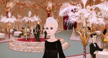 Movie still from “The Congress” (2013), directed by Ari Folman – An illustration of a woman in a black dress in front of an elaborate setting; Wide shot, High angle