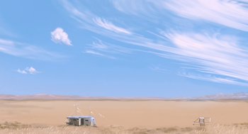 Movie still from “The Congress” (2013), directed by Ari Folman – An rv parked in the middle of a desert; Extreme Wide shot, Low angle