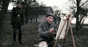 Movie still from “The Counterfeiters” (2007), directed by Stefan Ruzowitzky – An old man painting a picture on an easel; Medium shot, Over the shoulder angle