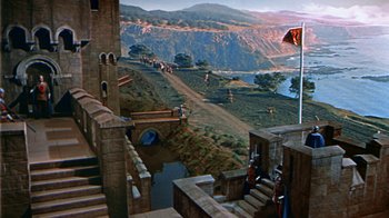 Movie still from “The Court Jester” (1955), directed by Melvin Frank – An image of a scene in a movie setting; Extreme Wide shot, High angle