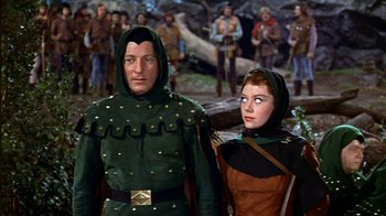 Movie still from “The Court Jester” (1955), directed by Melvin Frank – A man and a woman dressed in medieval clothing; Medium shot, High angle