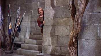 Movie still from “The Court Jester” (1955), directed by Melvin Frank – A man standing next to a stone wall with stairs; Wide shot, Low angle