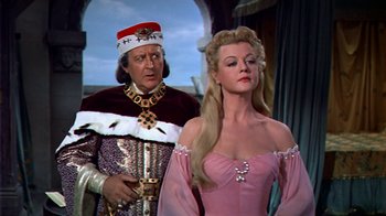 Movie still from “The Court Jester” (1955), directed by Melvin Frank – A man and a woman dressed in medieval clothing; Medium shot, Low angle