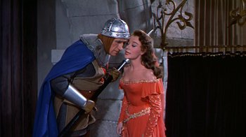 Movie still from “The Court Jester” (1955), directed by Melvin Frank – A man and a woman dressed in medieval garb; Medium shot, Low angle