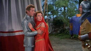 Movie still from “The Court Jester” (1955), directed by Melvin Frank – A man and a woman dressed in medieval garb; Medium shot, Low angle