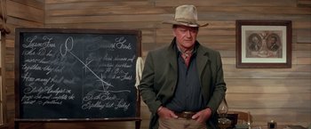 Movie still from “The Cowboys” (1972), directed by Mark Rydell – A man wearing a cowboy hat standing in front of a chalkboard; Medium shot, Over the shoulder angle