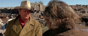 Movie still from “The Cowboys” (1972), directed by Mark Rydell – A man and a woman standing in front of a herd of cows; Medium shot, Over the shoulder angle