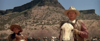 Movie still from “The Cowboys” (1972), directed by Mark Rydell – A man in a cowboy hat on top of a white horse; Medium shot, Low angle