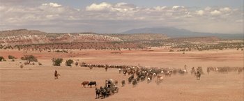 Movie still from “The Cowboys” (1972), directed by Mark Rydell – A herd of cattle being herded down a dirt road; Extreme Wide shot, High angle