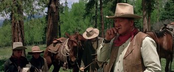 Movie still from “The Cowboys” (1972), directed by Mark Rydell – A man in a cowboy hat standing next to two horses; Medium shot, Low angle
