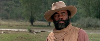Movie still from “The Cowboys” (1972), directed by Mark Rydell – A man with a beard wearing a cowboy hat; Close Up shot, Low angle