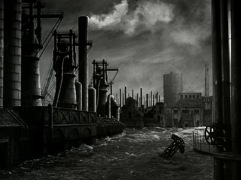 Movie still from “The Dam Busters” (1955), directed by Michael Anderson – An oil rig in the middle of the ocean; Extreme Wide shot, High angle