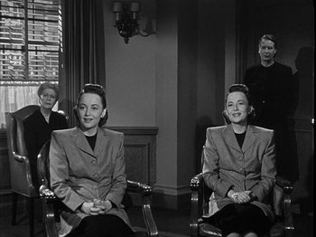 Movie still from “The Dark Mirror” (1946), directed by Robert Siodmak – A group of people sitting in chairs in a room; Medium shot, High angle