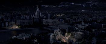 Movie still from “The Darkest Hour” (2011), directed by Chris Gorak – An aerial view of a large city at night; Extreme Wide shot, High angle