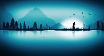 Movie still from “The Day Shall Come” (2019), directed by Christopher Morris – A person standing in the middle of a body of water; Extreme Wide shot, Low angle