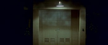 Movie still from “The Day of the Dolphin” (1973), directed by Mike Nichols – A light hanging from the ceiling above a door; Wide shot, Low angle