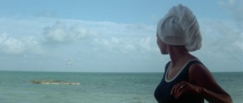 Movie still from “The Day of the Dolphin” (1973), directed by Mike Nichols – A woman looking out over the ocean at an airplane; Extreme Wide shot, Over the shoulder angle