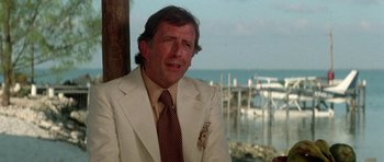 Movie still from “The Day of the Dolphin” (1973), directed by Mike Nichols – A man wearing a suit and tie sitting in front of a body of water; Close Up shot, Over the shoulder angle