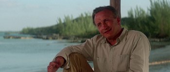 Movie still from “The Day of the Dolphin” (1973), directed by Mike Nichols – An older man sitting on a dock near a body of water; Close Up shot, Low angle
