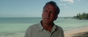 Movie still from “The Day of the Dolphin” (1973), directed by Mike Nichols – An older man standing in front of the ocean; Close Up shot, Low angle