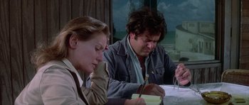 Movie still from “The Day of the Dolphin” (1973), directed by Mike Nichols – A man and a woman sitting at a table writing on papers; Medium shot, High angle