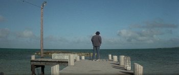 Movie still from “The Day of the Dolphin” (1973), directed by Mike Nichols – A man standing on a pier looking out at the ocean; Wide shot, Low angle