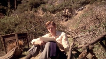 Movie still from “The Day of the Locust” (1975), directed by John Schlesinger – A man sitting on the ground reading a paper; Medium shot, High angle