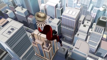 Movie still from “The Death and Return of Superman” (2019), directed by Sam Liu – An animated superhero flying over a city with buildings in the background; Extreme Wide shot, Overhead angle
