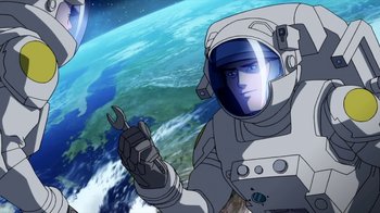 Movie still from “The Death and Return of Superman” (2019), directed by Sam Liu – An animated character in a spacesuit holding a spanner; Medium shot, Low angle