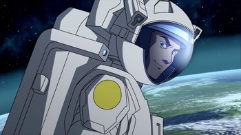 Movie still from “The Death and Return of Superman” (2019), directed by Sam Liu – An animation of a man in a spaceman suit; Medium shot, Low angle