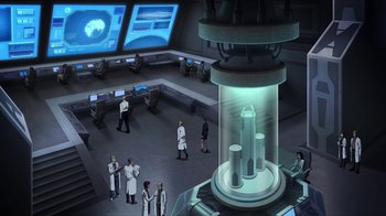 Movie still from “The Death and Return of Superman” (2019), directed by Sam Liu – A group of people standing in a room; Extreme Wide shot, High angle