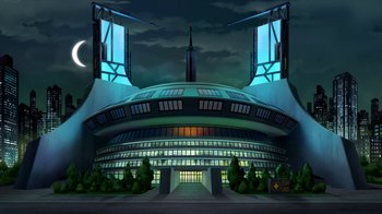 Movie still from “The Death and Return of Superman” (2019), directed by Sam Liu – An illustration of a building in the dark; Extreme Wide shot, Low angle