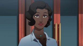 Movie still from “The Death and Return of Superman” (2019), directed by Sam Liu – An animated picture of a woman in a white shirt; Close Up shot, Over the shoulder angle