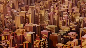 Movie still from “The Death and Return of Superman” (2019), directed by Sam Liu – An aerial view of a city with skyscrapers; Extreme Wide shot, High angle