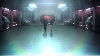 Movie still from “The Death and Return of Superman” (2019), directed by Sam Liu – A man and a woman are walking in a room; Wide shot, Low angle