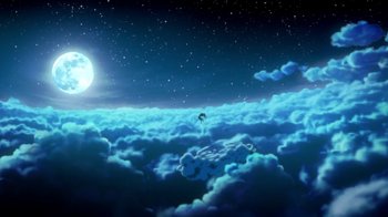 Movie still from “The Death and Return of Superman” (2019), directed by Sam Liu – An image of a night sky with the moon in the background; Extreme Wide shot, Overhead angle