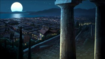 Movie still from “The Death and Return of Superman” (2019), directed by Sam Liu – An image of a night time scene with a pillar in the foreground; Extreme Wide shot, High angle