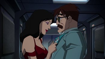 Movie still from “The Death and Return of Superman” (2019), directed by Sam Liu – A man and a woman looking at each other; Medium shot, Over the shoulder angle